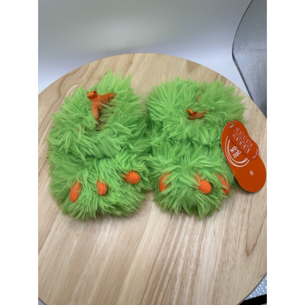 Wonder Nation Orange Claw Green Faux Fur Dinosaur Dragon Slippers Kids 6 NWT